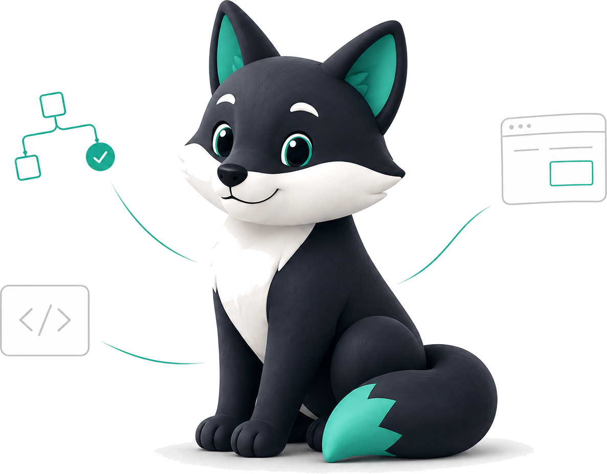 anvaya labs mascot beside a flowchart, code, and a browser window